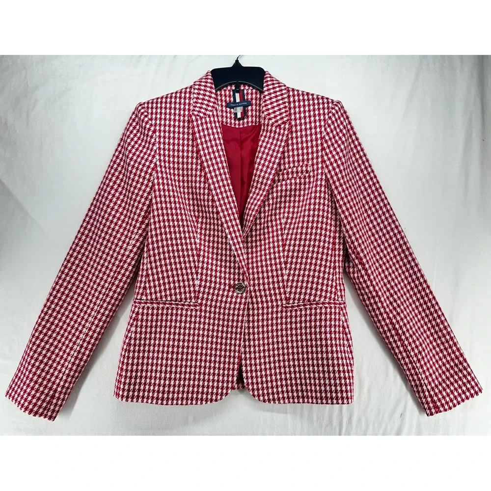 Tommy Hilfiger Red White Houndstooth Blazer Jacket Single Button Size 6